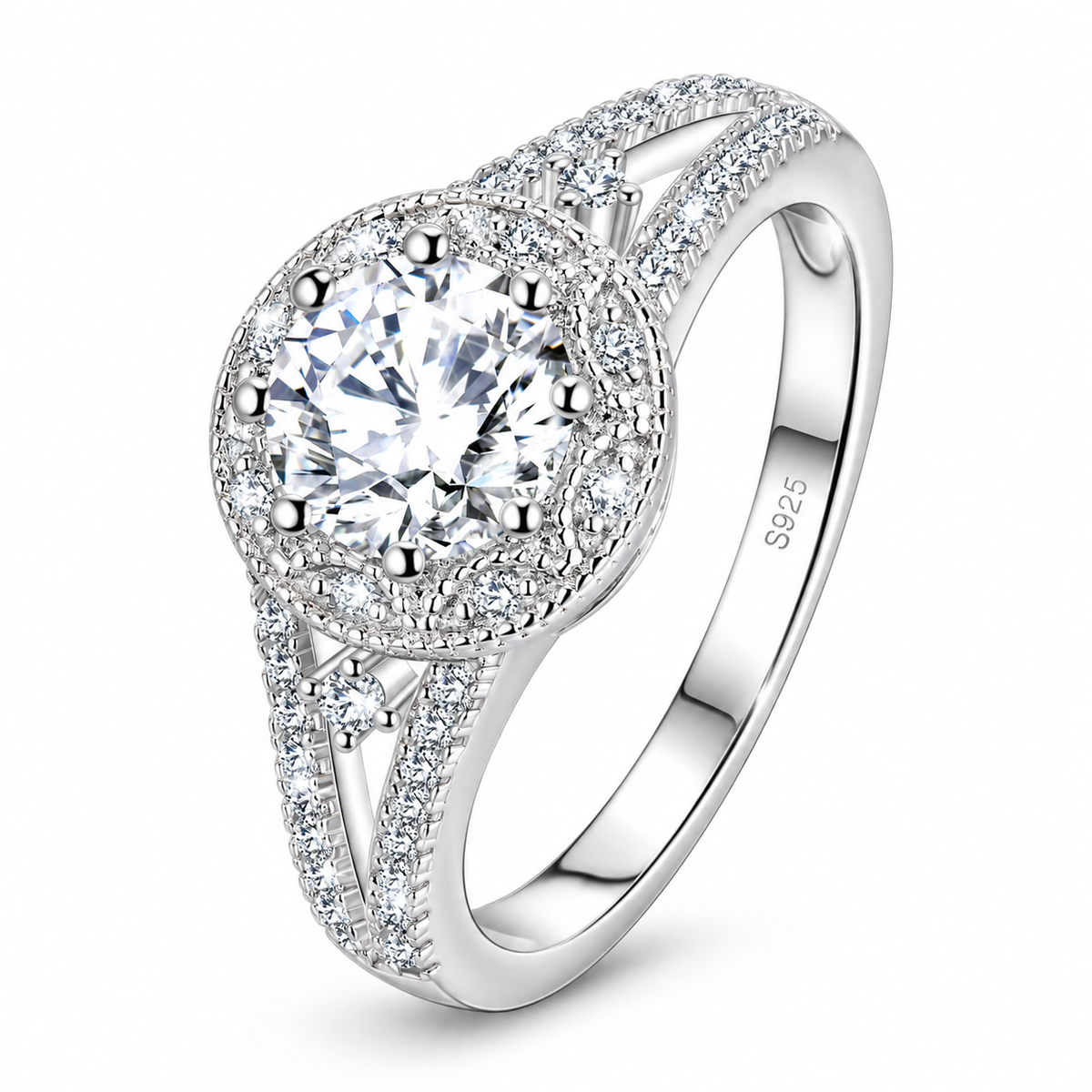 Zara halo split-shank moissanite ring close-up: 6.5 mm moissanite in a CZ halo on a split band, Dubai