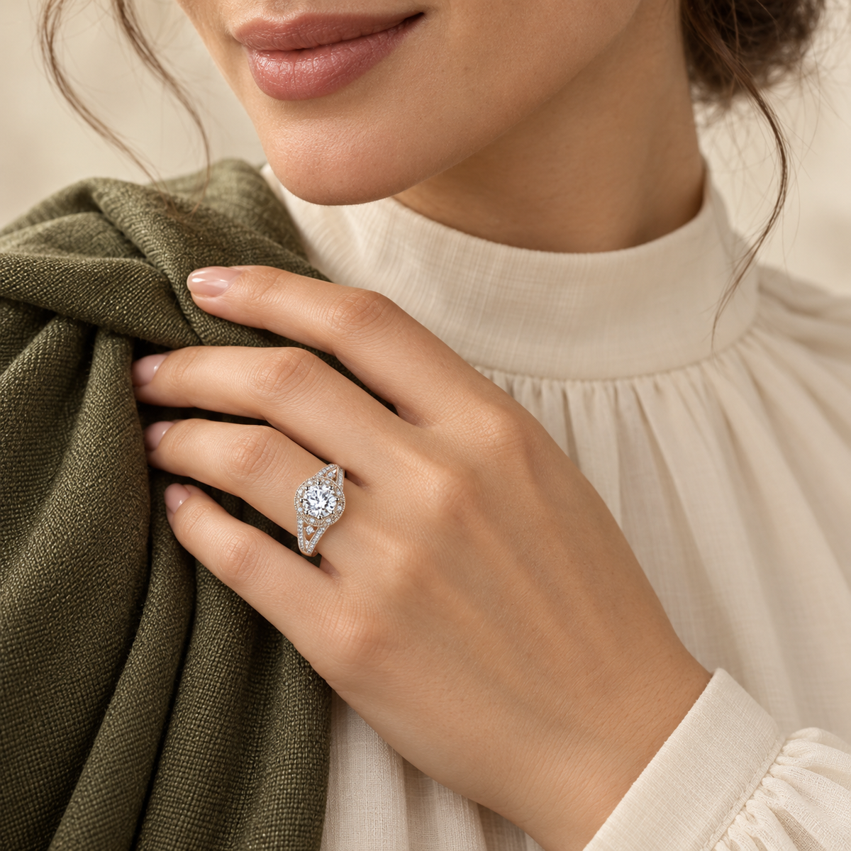 Zara halo split-shank moissanite ring, view 3: 6.5 mm moissanite in a CZ halo on a split band, 925 sterling silver, Dubai