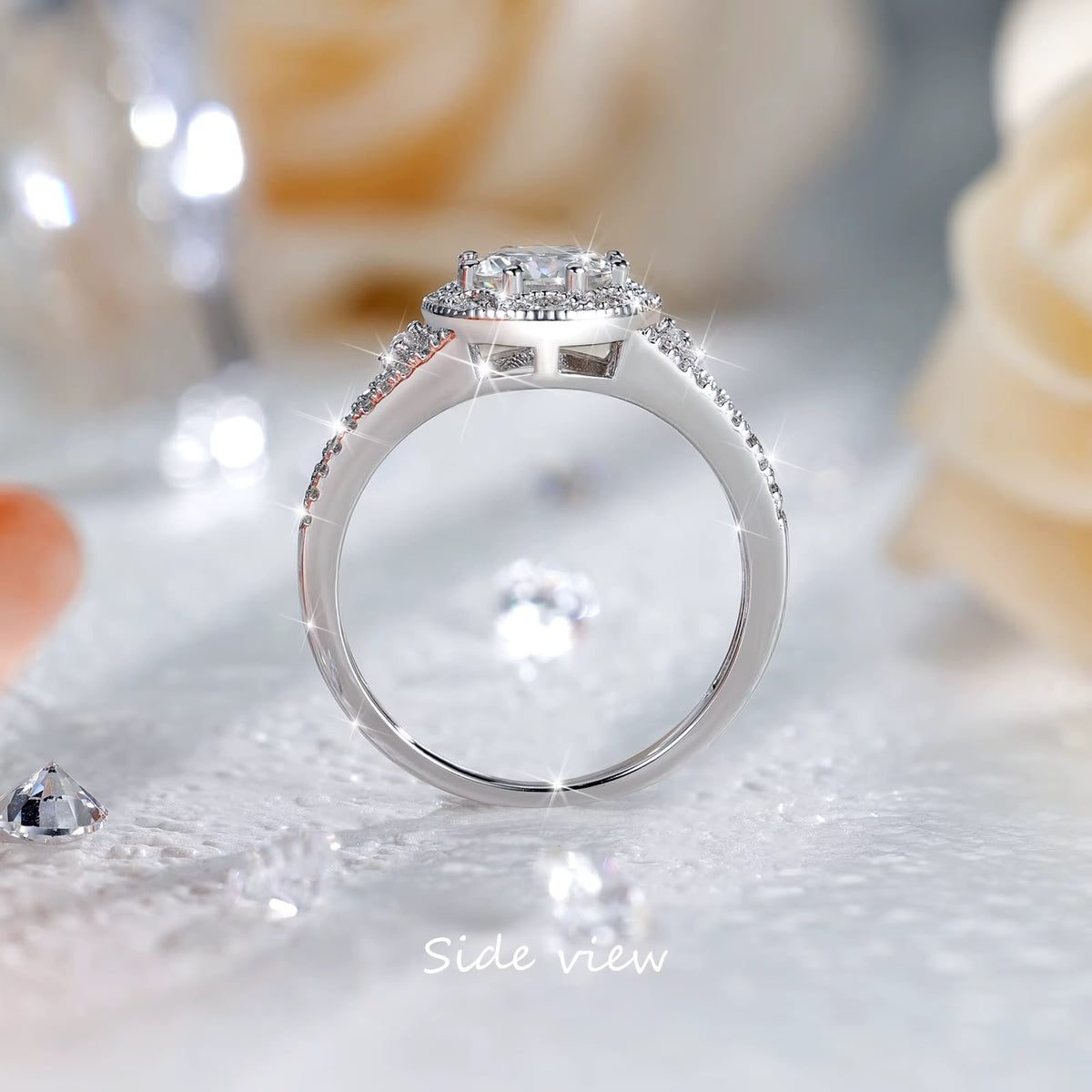 Zara halo split-shank moissanite ring, view 6: 6.5 mm moissanite in a CZ halo on a split band, 925 sterling silver, Dubai