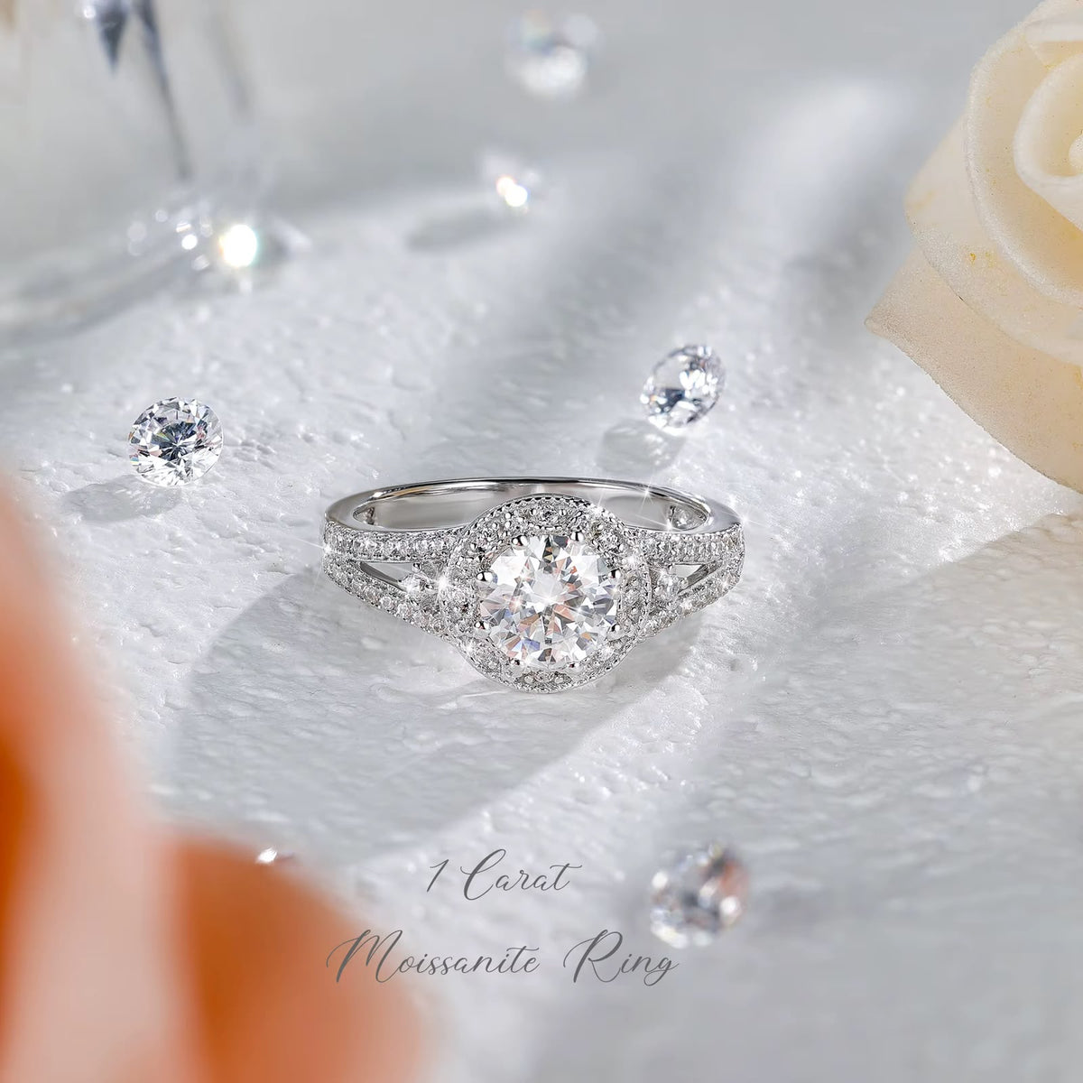 Zara halo split-shank moissanite ring, view 4: 6.5 mm moissanite in a CZ halo on a split band, 925 sterling silver, Dubai