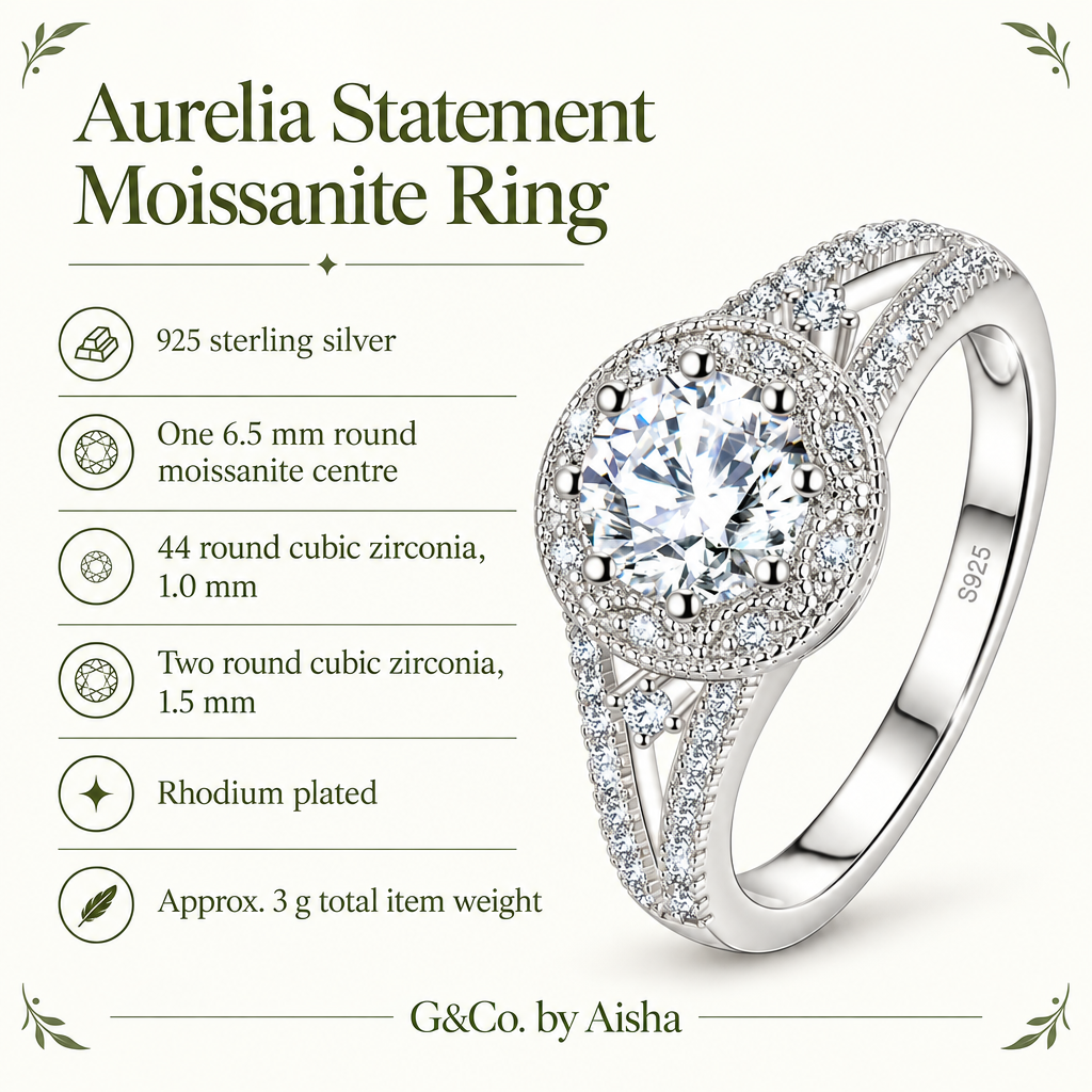 Zara halo split-shank moissanite ring, view 2: 6.5 mm moissanite in a CZ halo on a split band, 925 sterling silver, Dubai