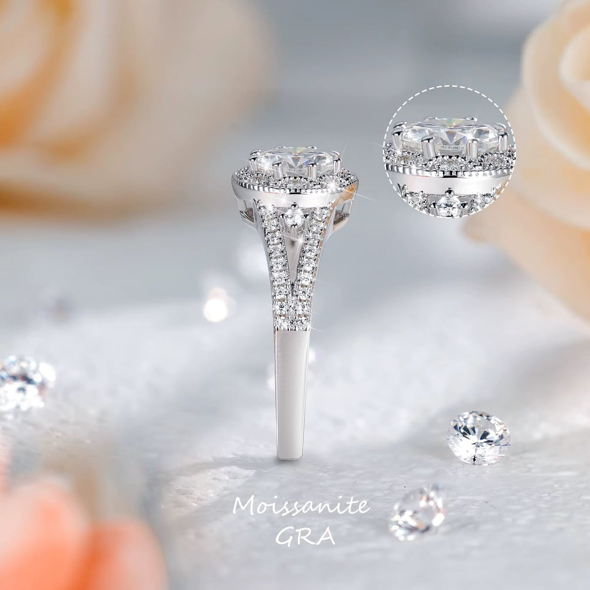 Zara halo split-shank moissanite ring, view 5: 6.5 mm moissanite in a CZ halo on a split band, 925 sterling silver, Dubai